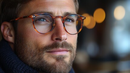 A thoughtful young man in trendy glasses gazes out of a café window during a quiet afternoon in the city