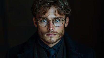 Obraz premium Young man with glasses poses confidently in a dimly lit room, showcasing his stylish appearance and expressive features