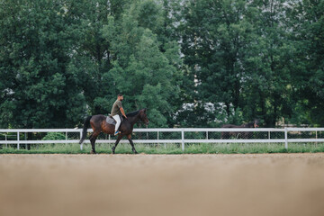 Person enjoying a horseback ride in an outdoor arena with a backdrop of green trees, embracing...