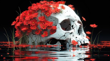 A skull adorned with vibrant red flowers, partially submerged in water, symbolizing life and death.