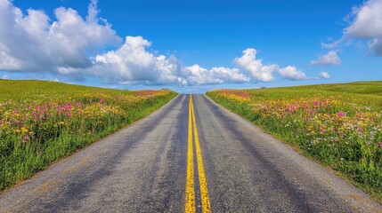 Naklejka premium A narrow country road with faded yellow traffic lines, bordered by fields of wildflowers under a bright blue sky