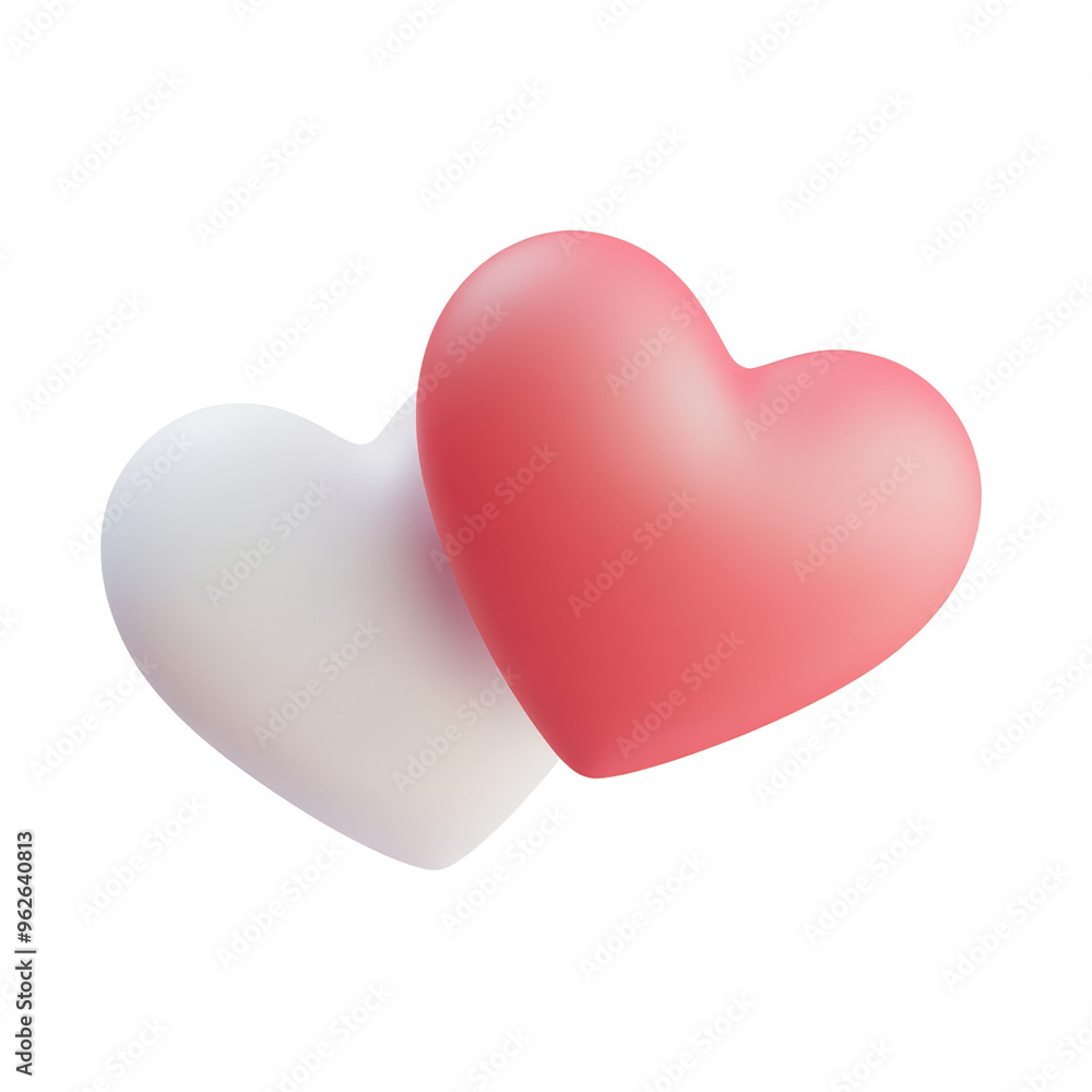Wall mural two red and white hearts 3d render icon isolated on transparent background cutout