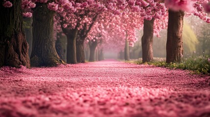 A pathway covered in cherry blossom petals, creating a pink carpet-like ground under blooming trees in spring