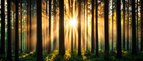 Obraz premium sunbeams through forest trees, magical woodland sunrise landscape with golden rays and lush green foliage.