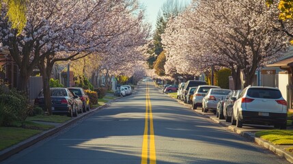 A quiet suburban street with yellow traffic lines, lined with parked cars and trees in full bloom