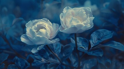 Cyanotype prints of white rose, copy space, modern art, abstract artwork, abstract background, aesthetic wallpaper, abstract landscape 