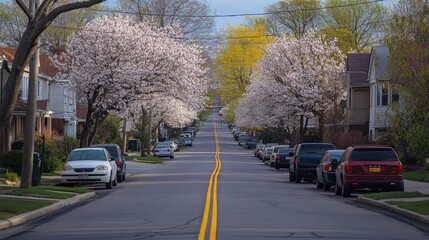 A quiet suburban street with yellow traffic lines, lined with parked cars and trees in full bloom
