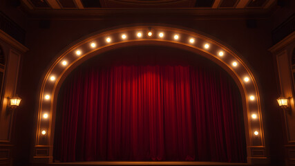 Stage lights forming an arch, soft warm tones, elegant and welcoming atmosphere, classic theater vibe