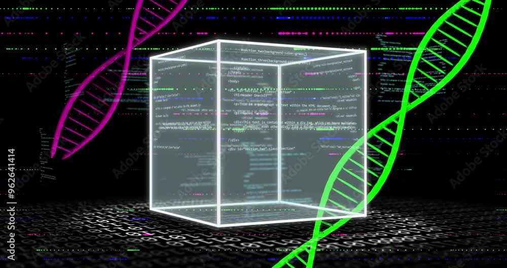 Aufkleber dna strands and coding data animation over glowing cube on dark background