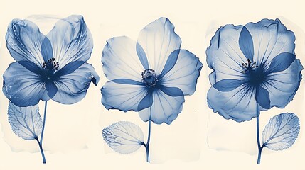 Cyanotype prints of daffodils flower, copy space, modern art, abstract artwork, abstract background, aesthetic wallpaper, abstract landscape 