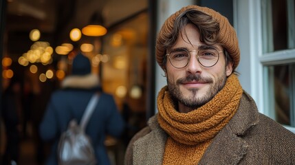 Fototapeta premium Young man with glasses wearing a cozy scarf and hat smiles warmly at a café during a chilly autumn afternoon in the city
