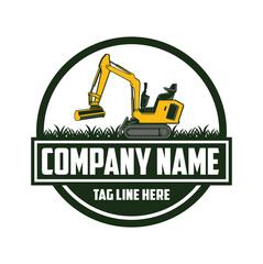 Mini Excavator Forestry Drum Mulcher Logo Vector .
