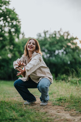 Obraz premium A cheerful young woman crouches and smiles broadly in a lush green park, conveying joy and playfulness. The natural outdoor setting enhances the vibrant, carefree atmosphere.