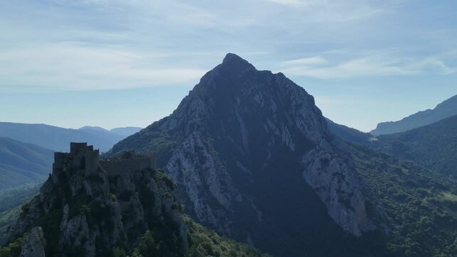 Ruins of the Cathar castle of Puilaurens in Occitanie in France in summer