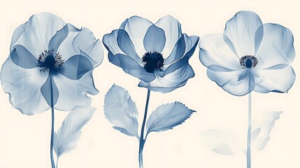 Cyanotype prints of daffodils flower, copy space, modern art, abstract artwork, abstract background, aesthetic wallpaper, abstract landscape 