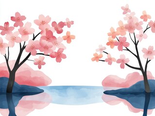 watercolor illustration of pink cherry blossoms reflecting in a blue river with white background for springtime designs and projects