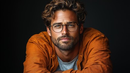 Fototapeta premium A young man with curly hair and glasses poses confidently in a casual outfit against a dark background in a studio setting