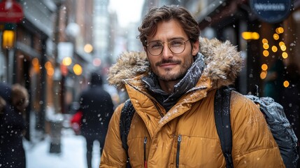 Fototapeta premium A man in a warm orange jacket smiles in a snowy city street filled with holiday lights during winter