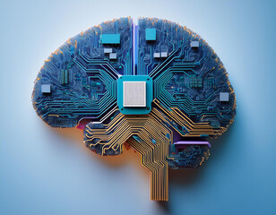 brain composed of a circuit of technological chips with light and colors. future representation of neuromorphic computing. Technology that aims to imitate the functioning of the human brain