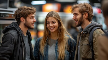 Group of friends discussing energy-saving tips at a home improvement store, buying energy-efficient appliances, modern setting,