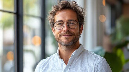 Fototapeta premium Smiling man with glasses stands near large windows in a bright, modern indoor space filled with greenery