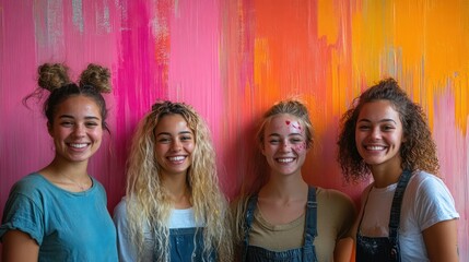 Fototapeta premium Group of roommates painting their living room walls with bold colors, one person accidentally getting paint on face, laughter and spontaneity,