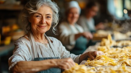 Fototapeta premium Group of senior friends enjoying a cooking class in Italy, making pasta from scratch, warm kitchen atmosphere, laughter and camaraderie,