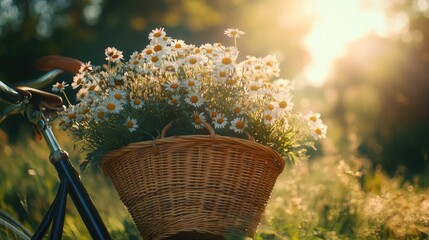 A wicker basket filled with wildflowers, resting on a bicycle handlebar in a sunlit meadow