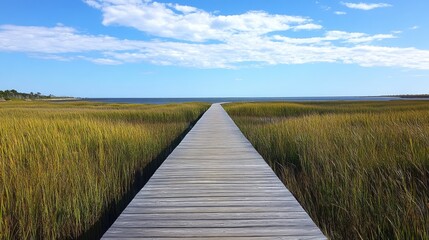Obraz premium A wooden boardwalk ground in a coastal marsh, with tall grasses on either side, leading toward the open ocean horizon