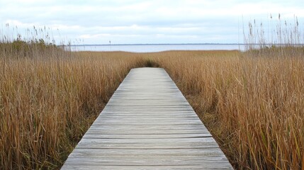A wooden boardwalk ground in a coastal marsh, with tall grasses on either side, leading toward the open ocean horizon