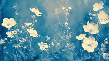 Cyanotype prints of daffodils flower, copy space, modern art, abstract artwork, abstract background, aesthetic wallpaper, abstract landscape 