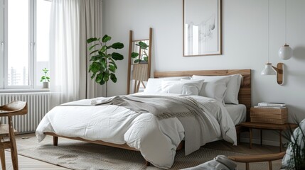 Scandinavian-themed bedroom with a queen-sized bed.