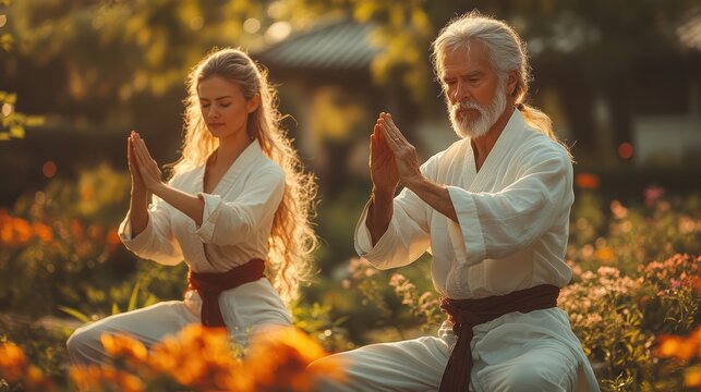 Middle-aged man and woman doing Tai Chi in a peaceful garden, slow and fluid movements, flowers blooming, morning light,