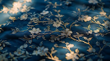 Cyanotype prints of golden daffodils flower on silk blue clothe , copy space, modern art, abstract artwork, abstract background, aesthetic wallpaper, abstract landscape 