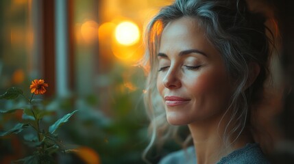 Middle-aged woman doing a morning meditation on her balcony, eyes closed and peaceful, plants and morning dew around her, sunrise creating a serene atmosphere,