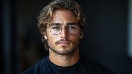 Obraz premium Young man with glasses looking thoughtfully at the camera in a dimly lit indoor setting during daylight