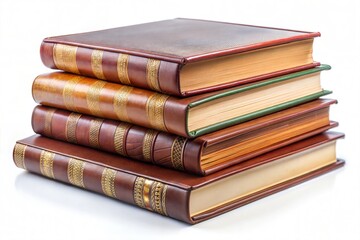 Stack of classic leather-bound books with ornate detailing on white background