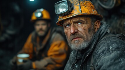 Fototapeta premium Miners during a shift change, sharing stories and coffee, one miner telling a funny tale with dramatic gestures, underground setting,