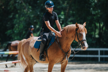 Young equestrian riding a horse during a practice session outdoors. The rider is wearing protective...