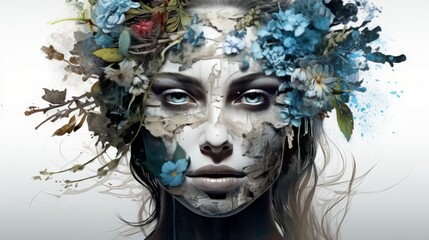Blue Flowers Girl. Portrait Creative Broken Skin Face Blue Art. Double Exposure Artwork.