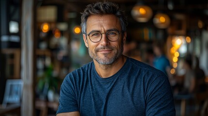 Obraz premium A smiling man in casual attire poses confidently in a cozy café filled with warm lighting and lively conversations during the afternoon