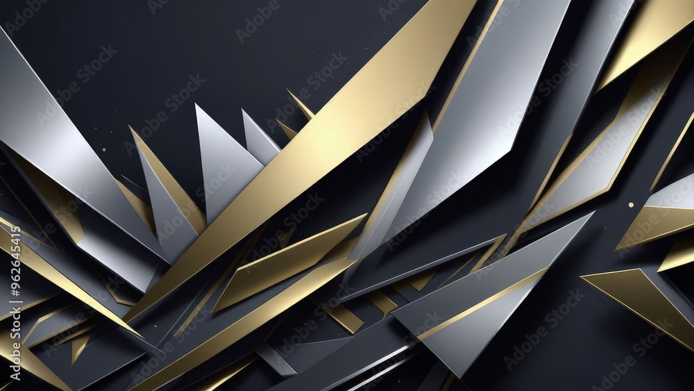 Poster abstract background with sharp geometric shapes in gold and silver colors.