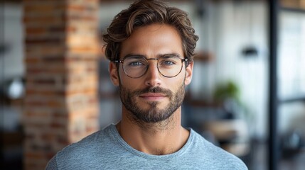 Fototapeta premium A young man with glasses poses confidently in a modern, well-lit workspace during the afternoon hours