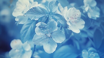 Cyanotype prints of daffodils flower, copy space, modern art, abstract artwork, abstract background, aesthetic wallpaper, abstract landscape 