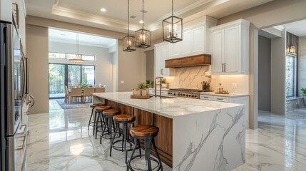 Luxurious modern kitchen with marble countertops, high-end appliances, and a large island with bar stools