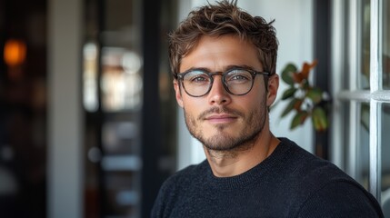 Obraz premium Young man in glasses relaxes at a café, exuding confidence and style during a sunny afternoon