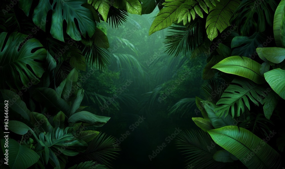 Wall mural lush tropical jungle foliage frame with blurred background for design and branding projects.