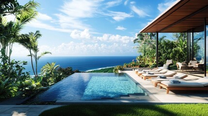 Obraz premium Luxurious tropical villa with a private pool, sunbeds, and lush greenery, overlooking a serene ocean view