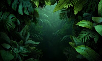lush tropical jungle foliage frame with blurred background for design and branding projects.