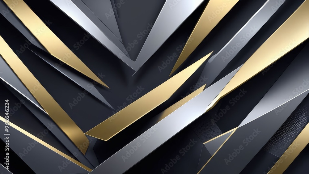 Aufkleber abstract geometric pattern with sharp edges in silver and gold on a black background.